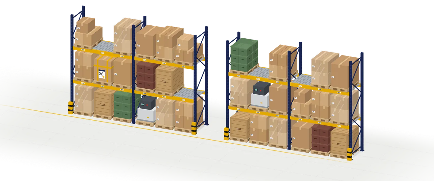 Illustration of pallet racking in a warehouse; one carton on the middle level is strapped in yellow and tagged as the customer’s lot